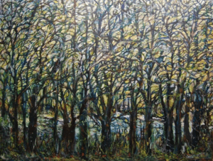 A painting of trees in the woods with water