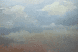 A painting of clouds in the sky with brown and blue tones.