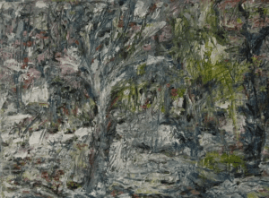 A painting of trees and bushes in the woods.