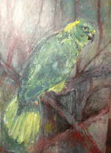 A green parrot sitting on top of a tree branch.