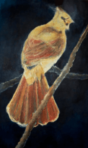 A painting of a bird sitting on a branch.