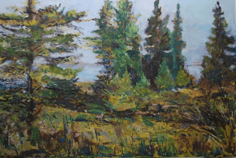 A painting of trees and grass in the foreground.