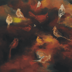 A painting of birds flying in the sky