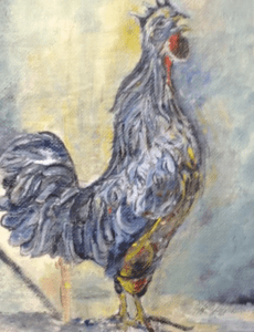A painting of a rooster in the middle of a room.