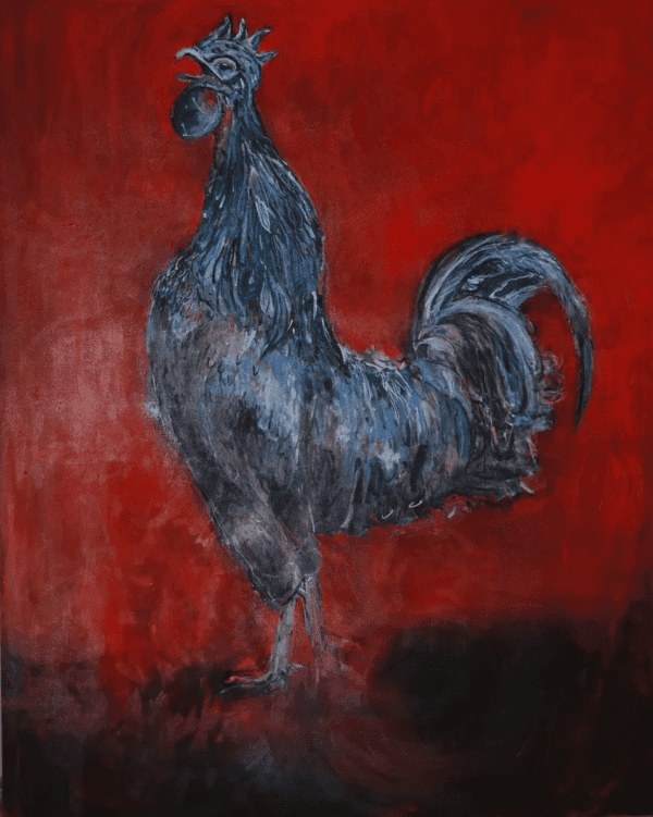 A painting of a rooster on red background