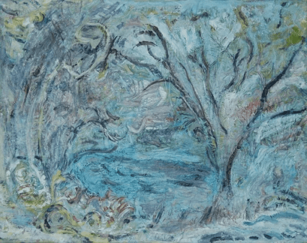 A painting of trees and water in the background.