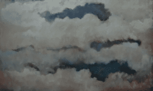 A painting of clouds in the sky with dark blue skies.