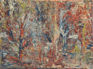 A painting of trees in the woods with red and blue colors.