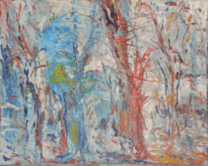 A painting of trees in the woods with blue sky