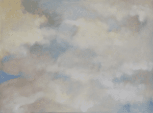 A painting of clouds in the sky with a blue tint.