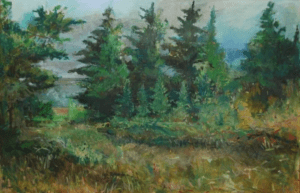 A painting of trees in the woods