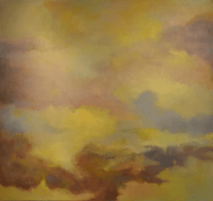 A painting of yellow and brown clouds in the sky.