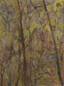A painting of trees in the woods with yellow and brown leaves.