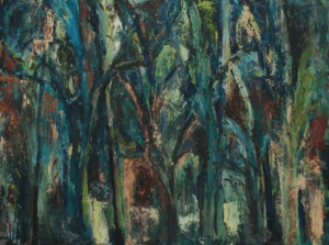 A painting of trees in the woods with blue and green tones.