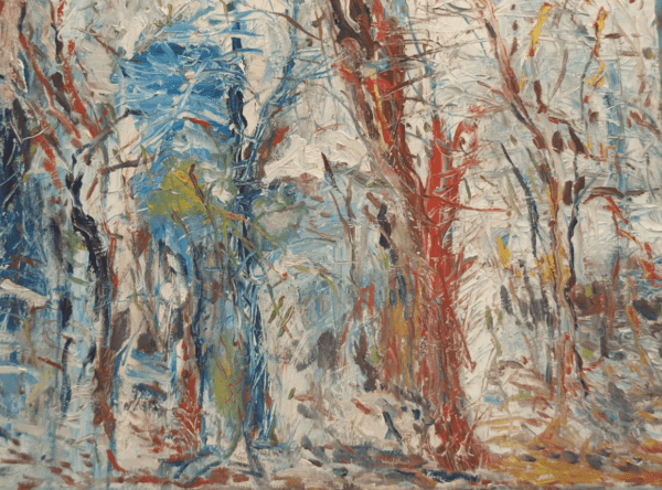 A painting of trees in the woods with snow.