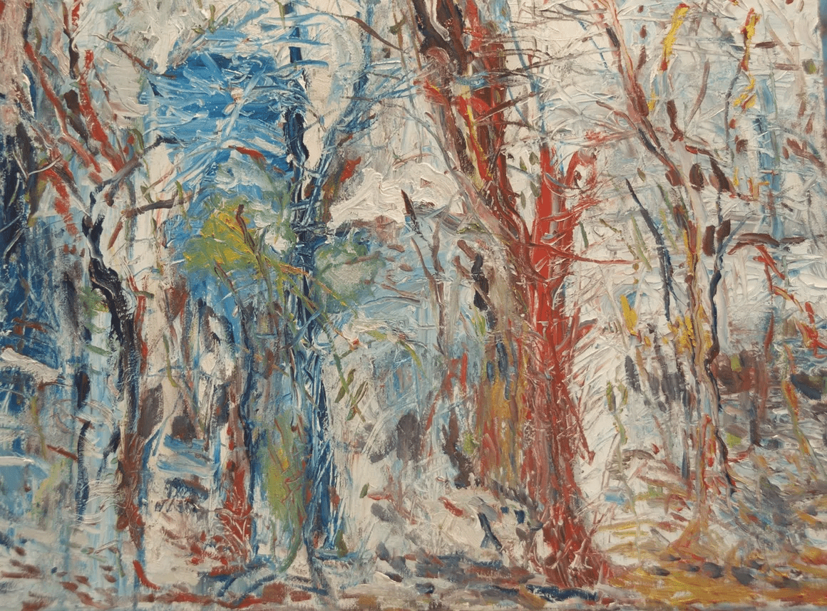 A painting of trees in the woods with snow.