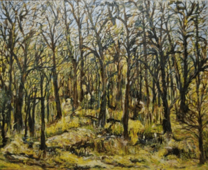 A painting of trees in the woods with yellow leaves.