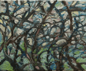 A painting of trees with green leaves on them.