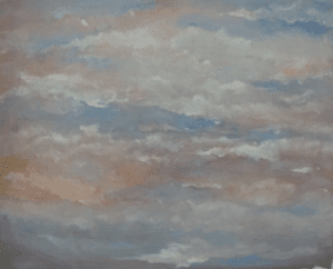 A painting of clouds in the sky with blue and gray colors.