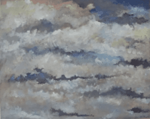 A painting of clouds in the sky with blue and white colors.