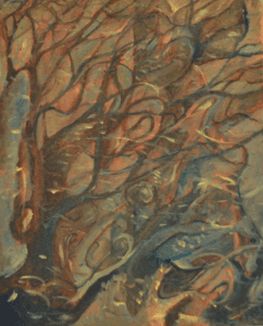 A painting of trees with brown and blue leaves.