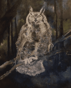 A painting of an owl sitting on a branch.
