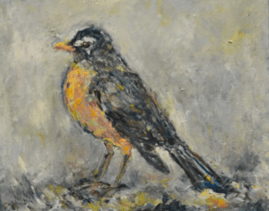 A painting of a bird on the ground