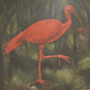 A painting of a red bird in the woods
