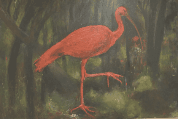 A painting of a red bird in the woods