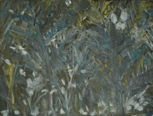A painting of trees and bushes in the dark.