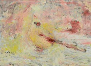 A painting of a bird sitting on the ground