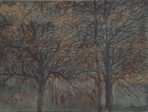 A painting of trees in the woods with brown leaves.