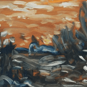 A painting of an orange sky and some trees