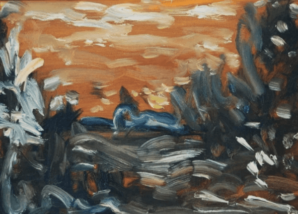 A painting of an orange sky and some trees