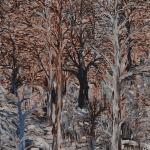 A painting of trees in the woods with snow on them.