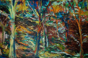 A painting of trees in the woods with bright colors.