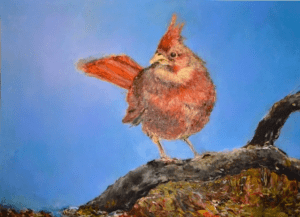 A painting of a bird with its wings outstretched.