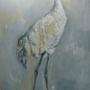 A painting of an ostrich standing in the middle of a field.