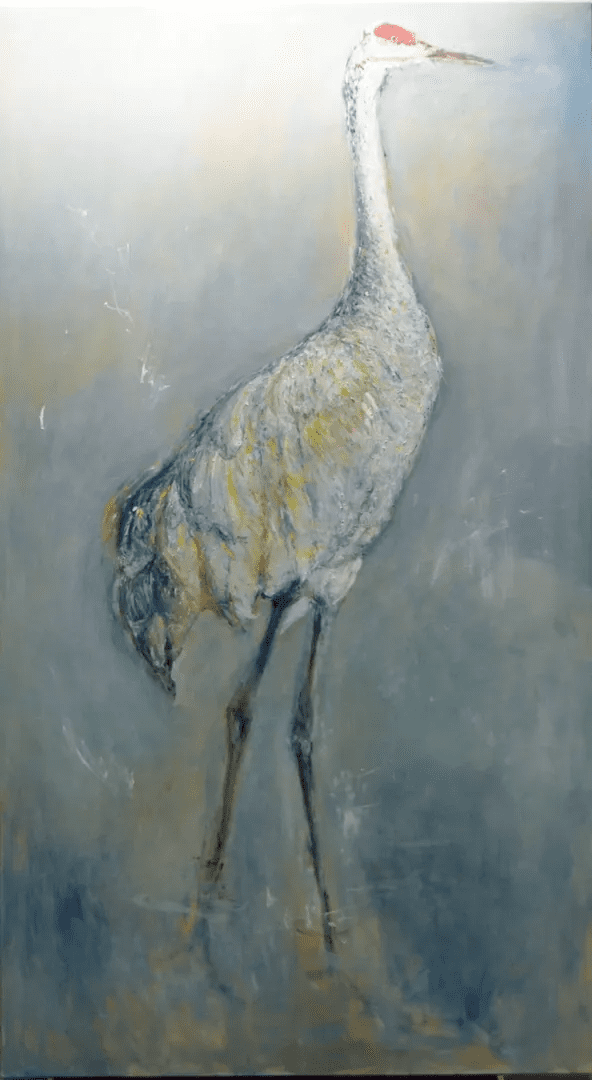 A painting of an ostrich standing in the middle of a field.