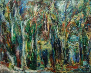 A painting of trees in the woods with blue sky