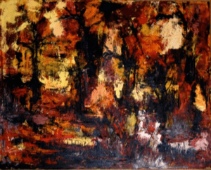 A painting of trees in the woods with orange and red colors.