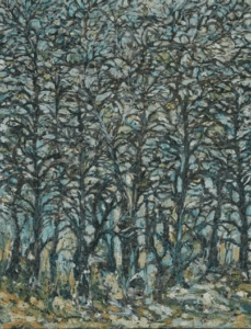 A painting of trees in the middle of winter.