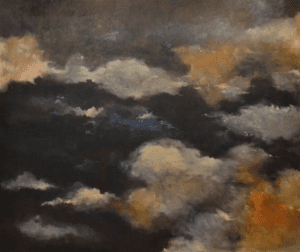 A painting of clouds in the sky with dark colors.
