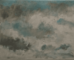 A painting of clouds in the sky with dark blue and gray tones.