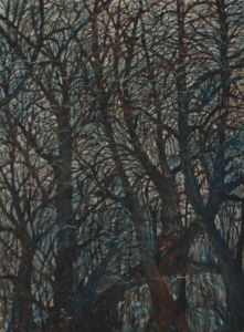A painting of trees in the dark