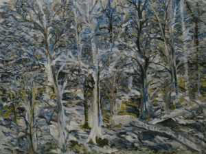 A painting of trees in the woods with snow on them.