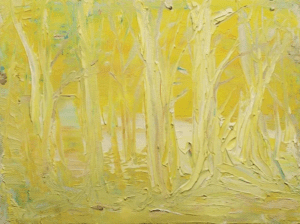 A painting of trees in the woods with yellow paint.