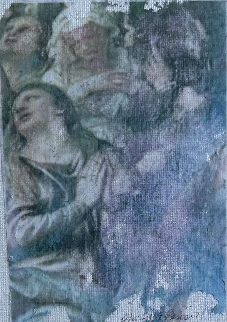 A painting of a person praying in the rain.