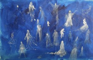 A painting of many people in white and blue.
