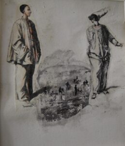 A drawing of two men standing next to an open fire.